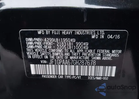 2016 Subaru Impreza 2.0I from USA, damaged, VIN JF1GPAA67GH287678